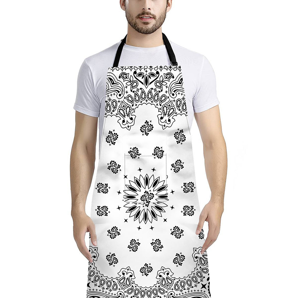 White Paisley Bandana Print Bib Apron With Pocket