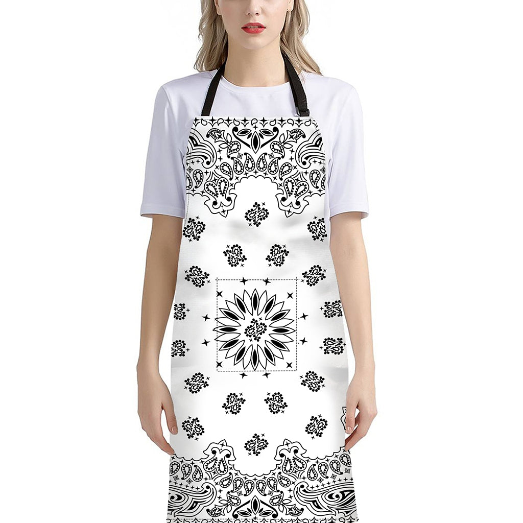 White Paisley Bandana Print Bib Apron With Pocket