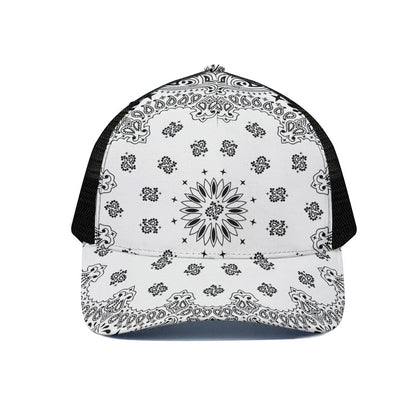 White Paisley Bandana Print Black Mesh Trucker Cap