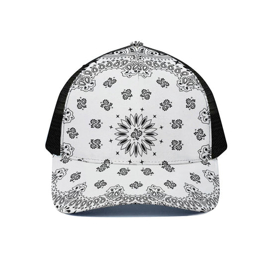 White Paisley Bandana Print Black Mesh Trucker Cap