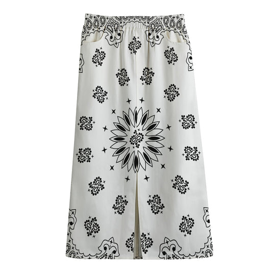 White Paisley Bandana Print Cotton Front Slit Maxi Skirt