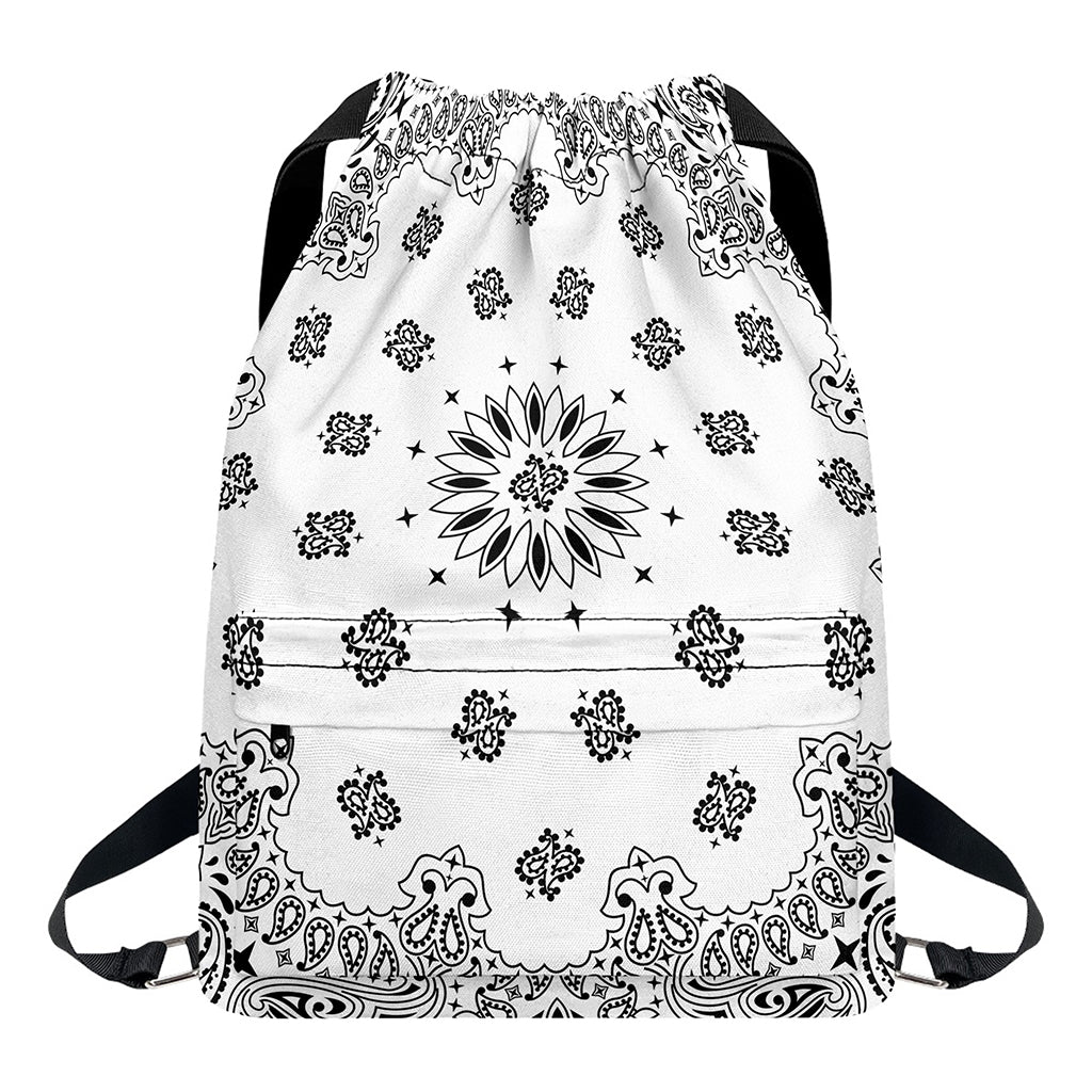 White Paisley Bandana Print Drawstring Backpack