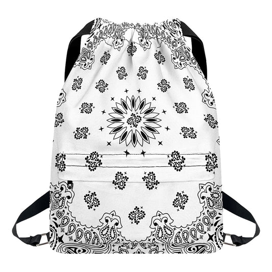 White Paisley Bandana Print Drawstring Backpack
