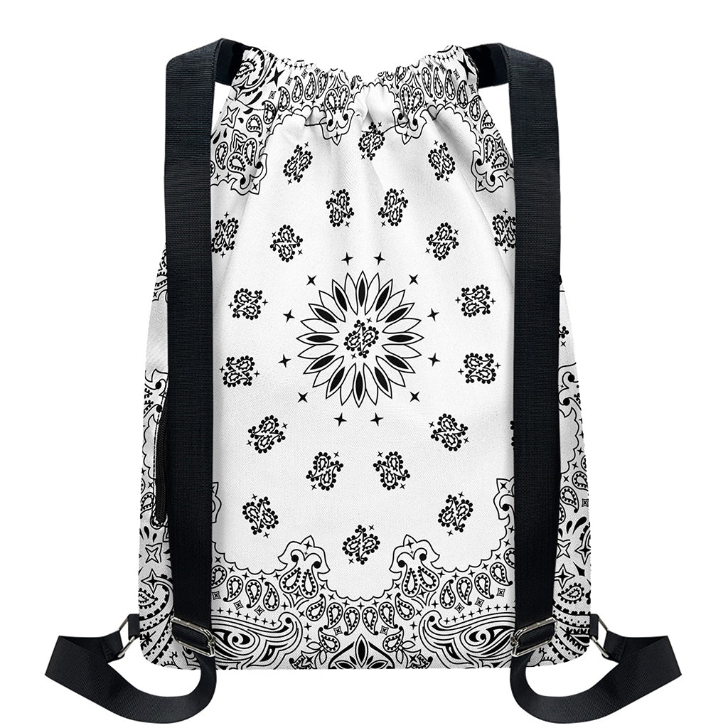 White Paisley Bandana Print Drawstring Backpack
