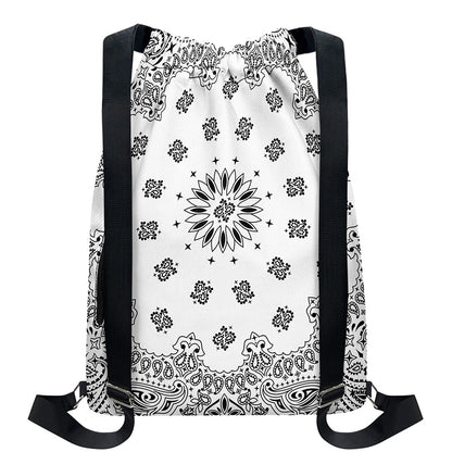 White Paisley Bandana Print Drawstring Backpack