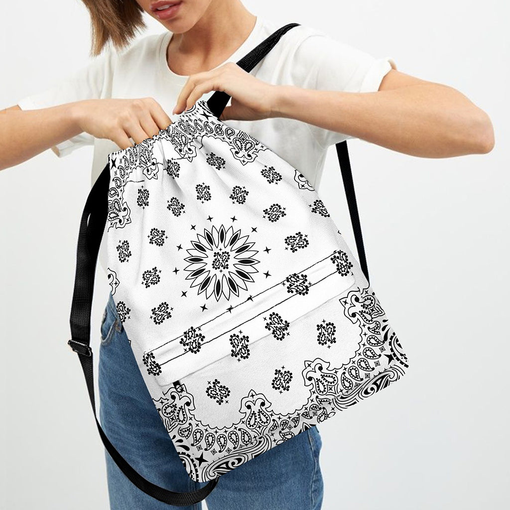 White Paisley Bandana Print Drawstring Backpack