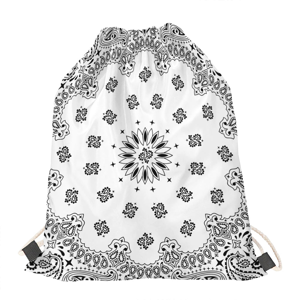 White Paisley Bandana Print Drawstring Bag