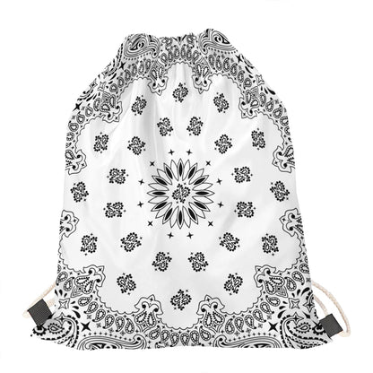 White Paisley Bandana Print Drawstring Bag