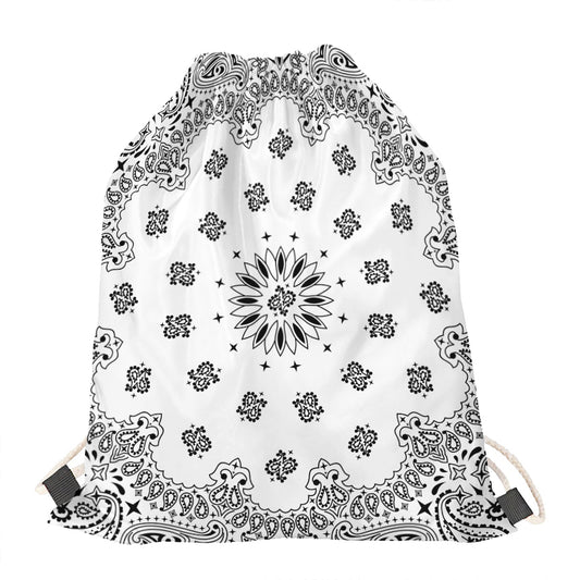 White Paisley Bandana Print Drawstring Bag