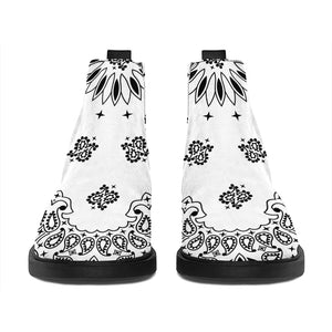 White Paisley Bandana Print Flat Ankle Boots