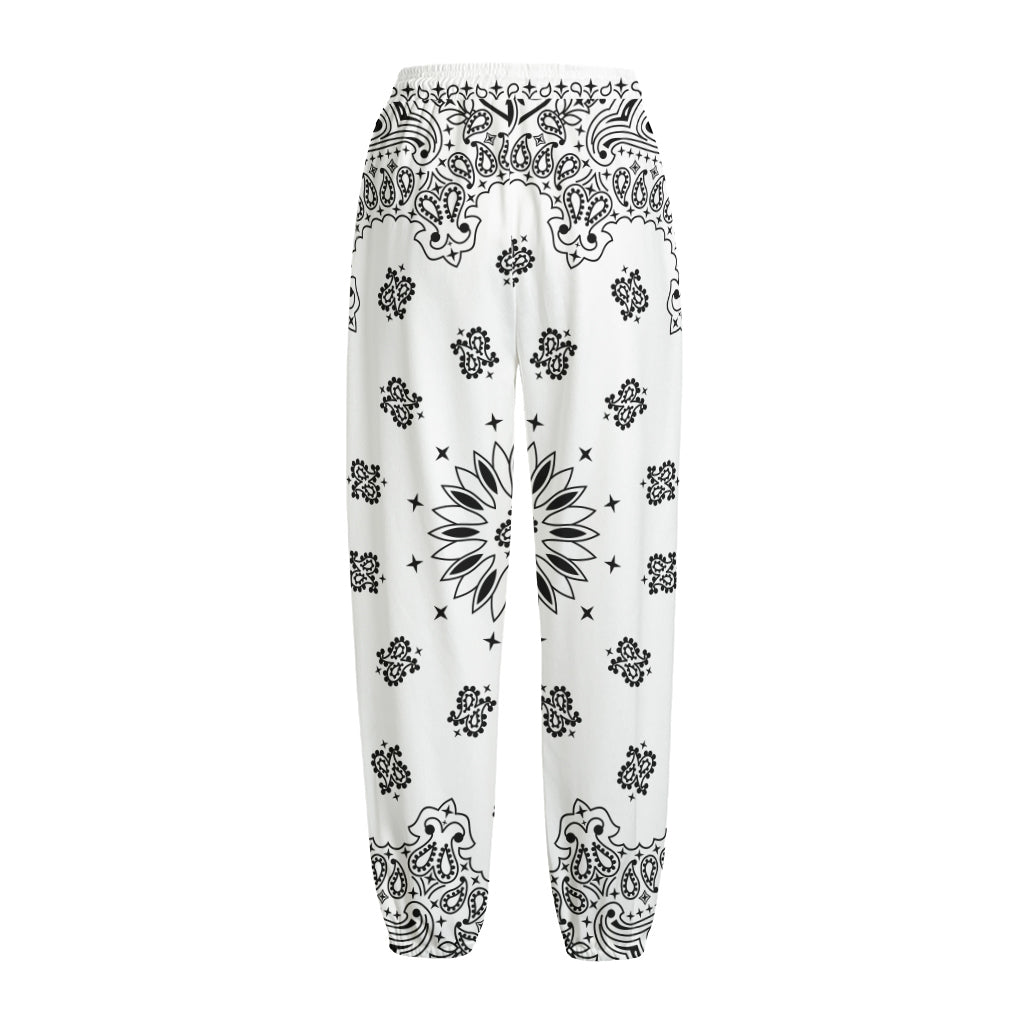 White Paisley Bandana Print Fleece Lined Knit Pants