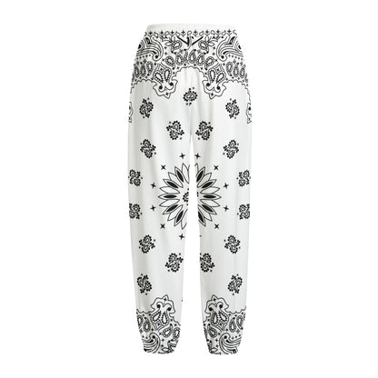 White Paisley Bandana Print Fleece Lined Knit Pants