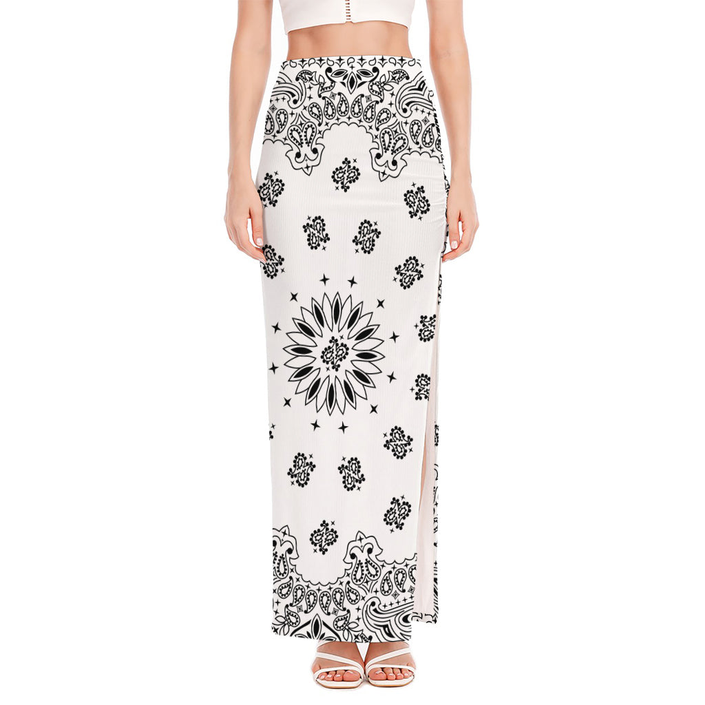 White Paisley Bandana Print High Slit Maxi Skirt