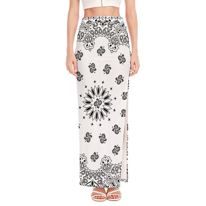 White Paisley Bandana Print High Slit Maxi Skirt