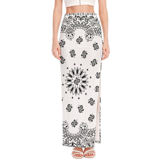 White Paisley Bandana Print High Slit Maxi Skirt
