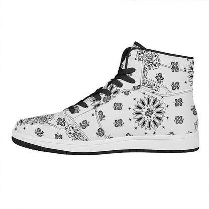White Paisley Bandana Print High Top Leather Sneakers