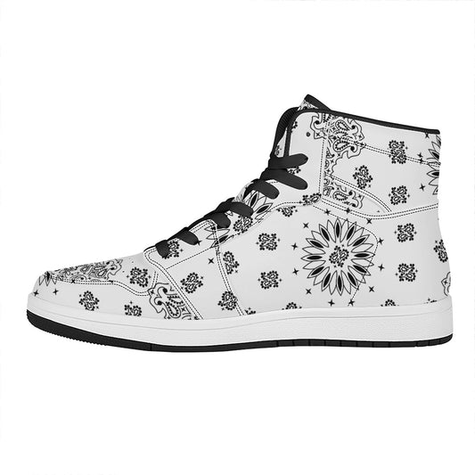 White Paisley Bandana Print High Top Leather Sneakers