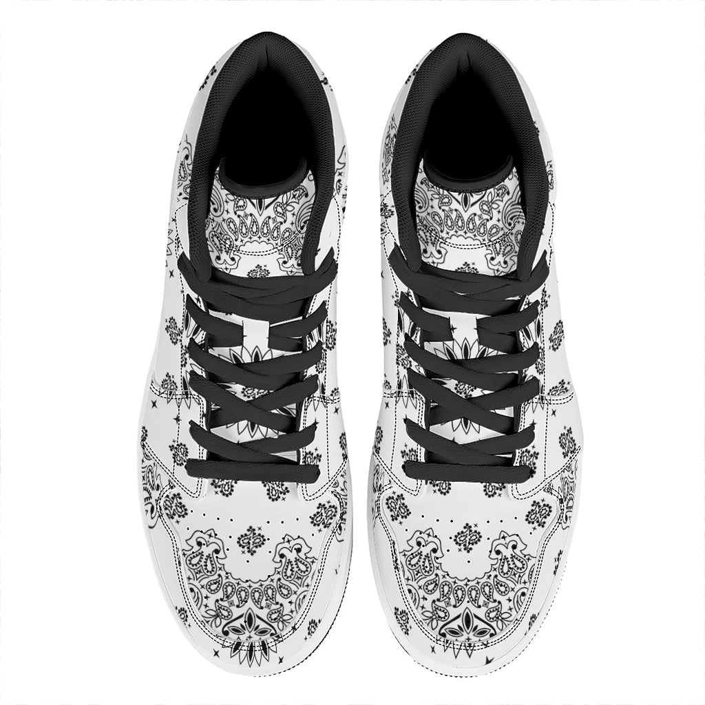 White Paisley Bandana Print High Top Leather Sneakers