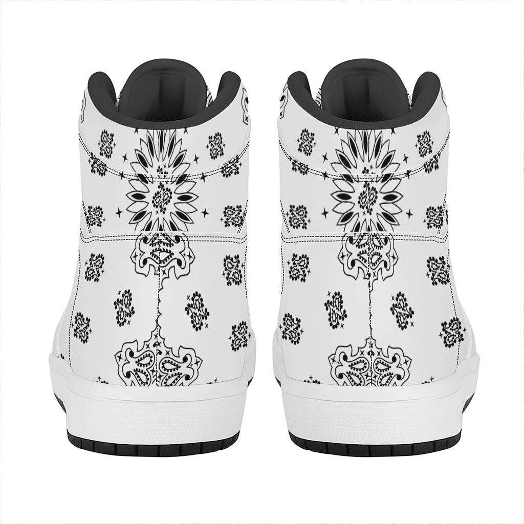 White Paisley Bandana Print High Top Leather Sneakers