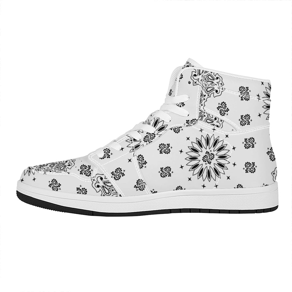 White Paisley Bandana Print High Top Leather Sneakers