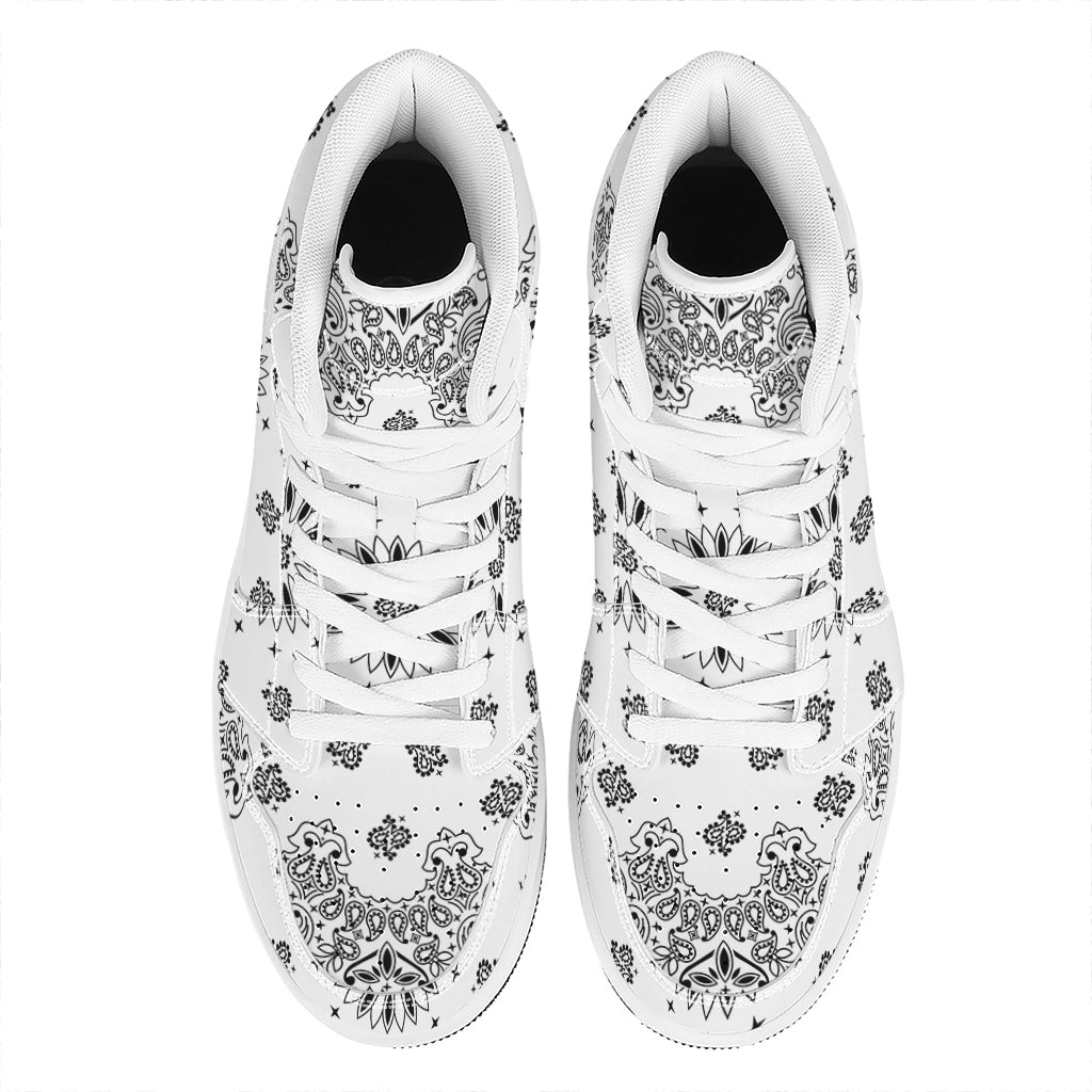 White Paisley Bandana Print High Top Leather Sneakers