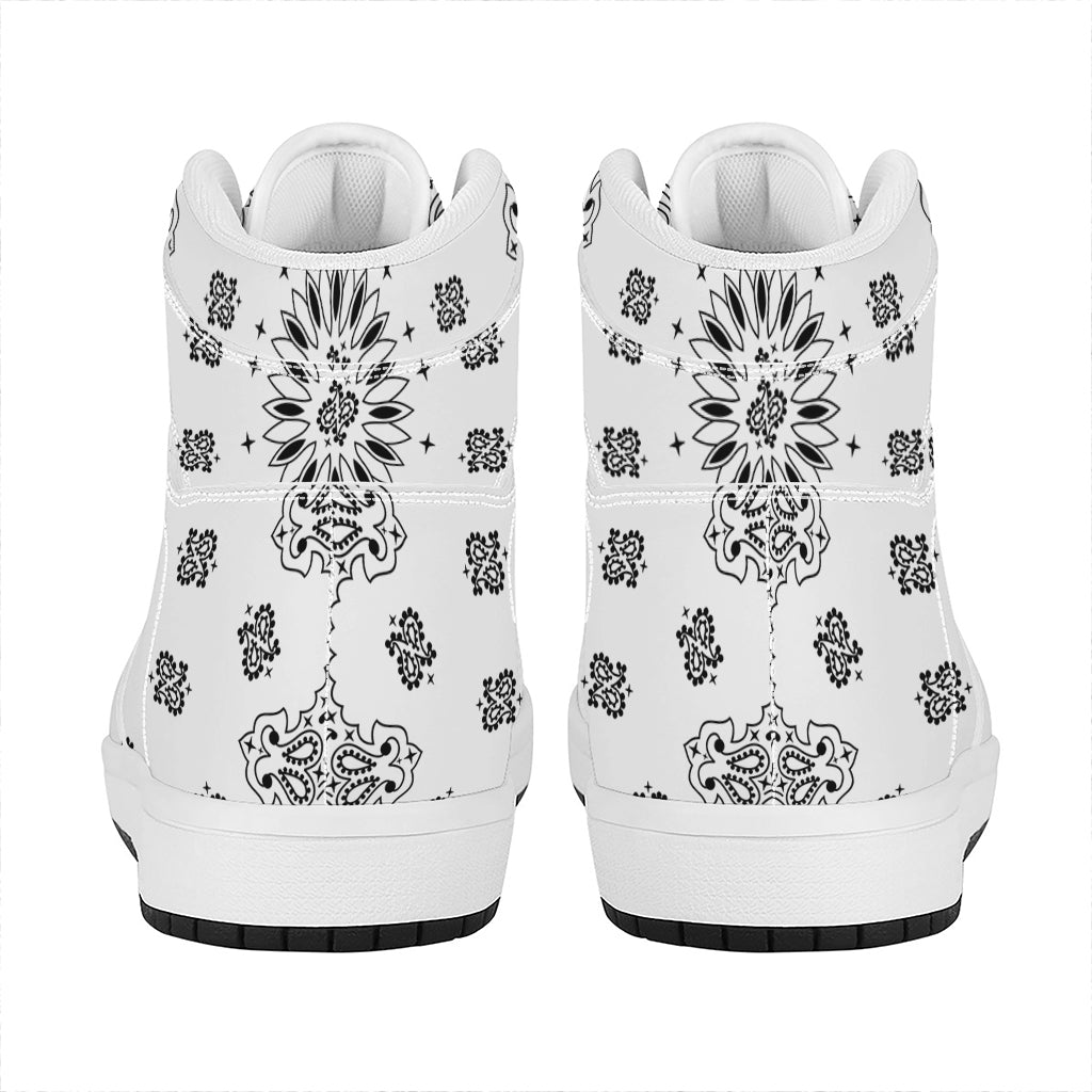 White Paisley Bandana Print High Top Leather Sneakers