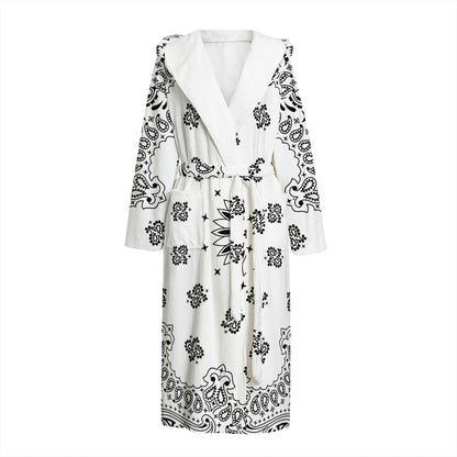 White Paisley Bandana Print Hooded Bathrobe