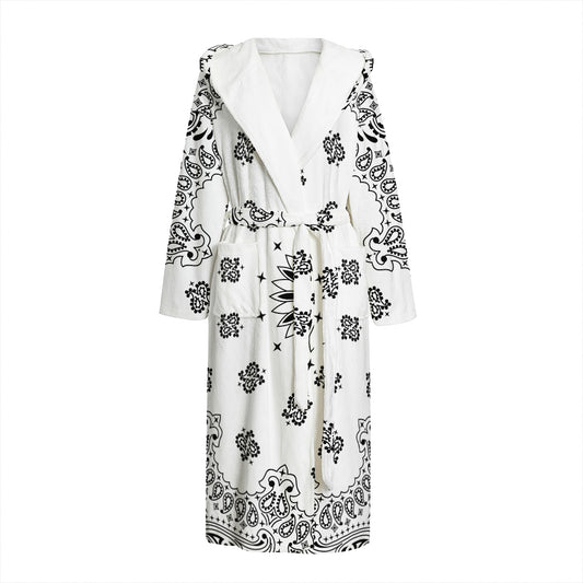 White Paisley Bandana Print Hooded Bathrobe