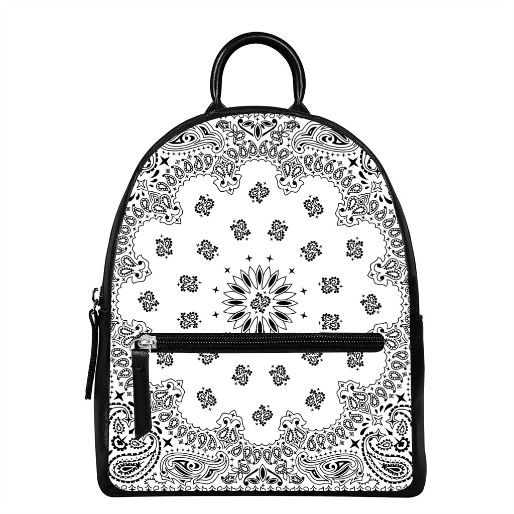White Paisley Bandana Print Leather Backpack