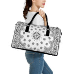 White Paisley Bandana Print Leather Duffle Bag