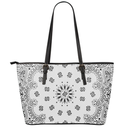 White Paisley Bandana Print Leather Tote Bag
