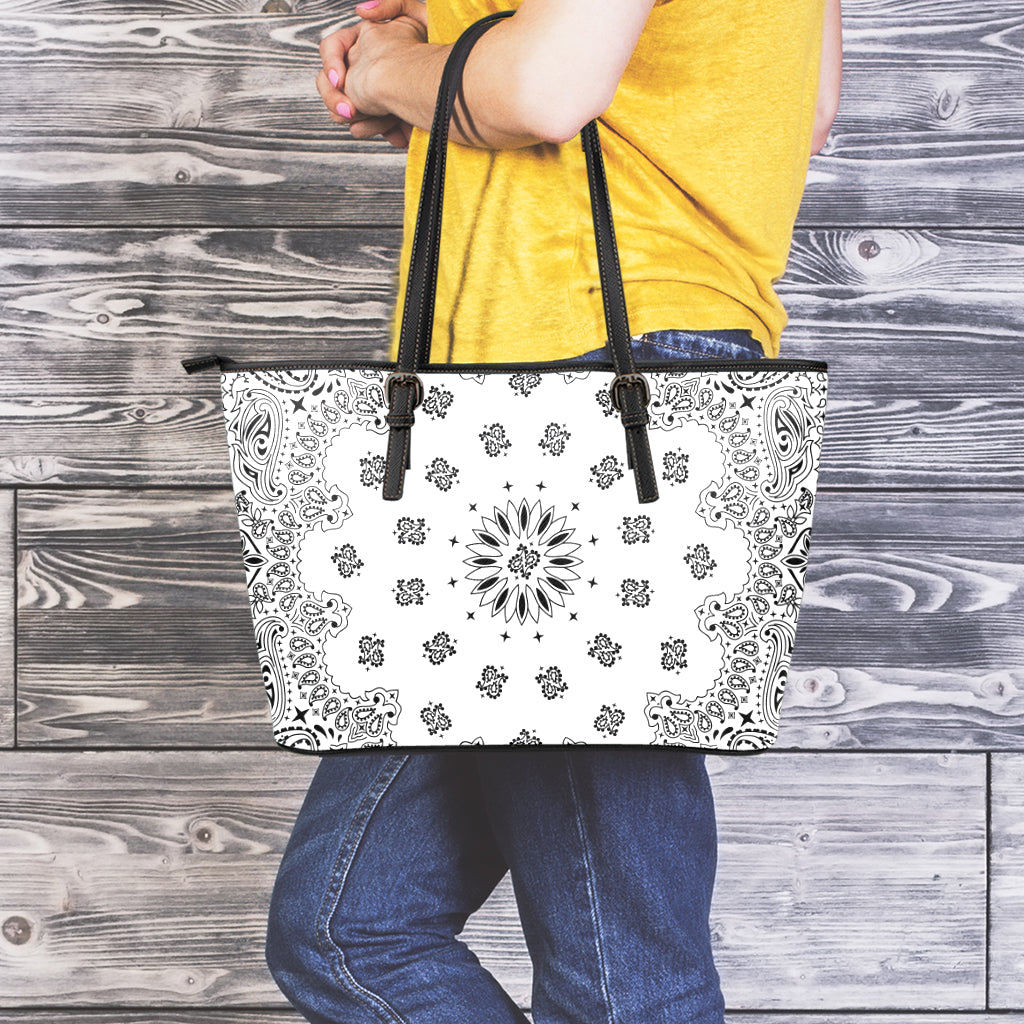 White Paisley Bandana Print Leather Tote Bag