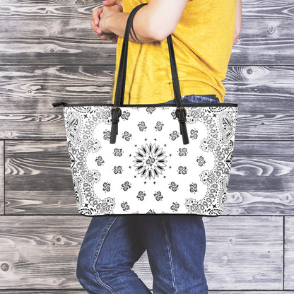 White Paisley Bandana Print Leather Tote Bag