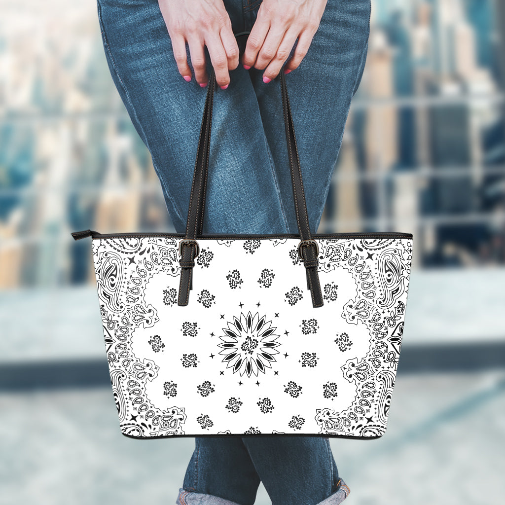 White Paisley Bandana Print Leather Tote Bag