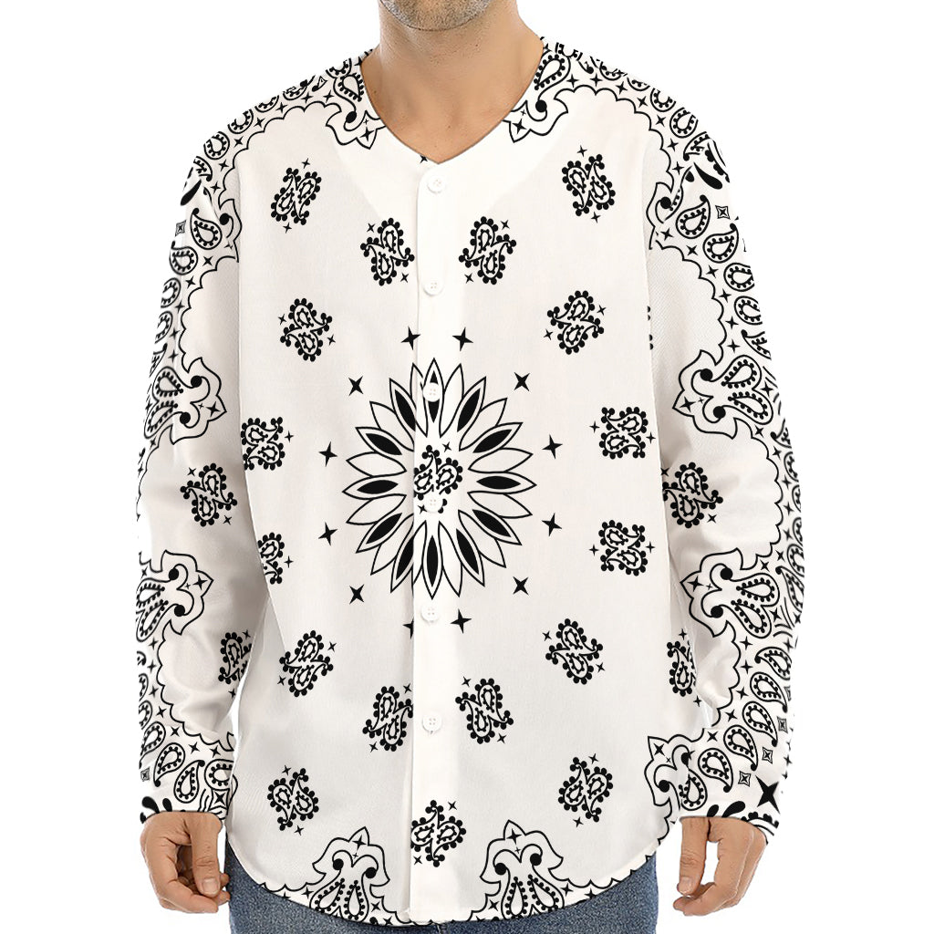 White Paisley Bandana Print Long Sleeve Baseball Jersey