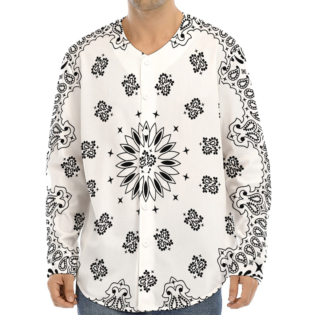 White Paisley Bandana Print Long Sleeve Baseball Jersey