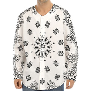 White Paisley Bandana Print Long Sleeve Baseball Jersey