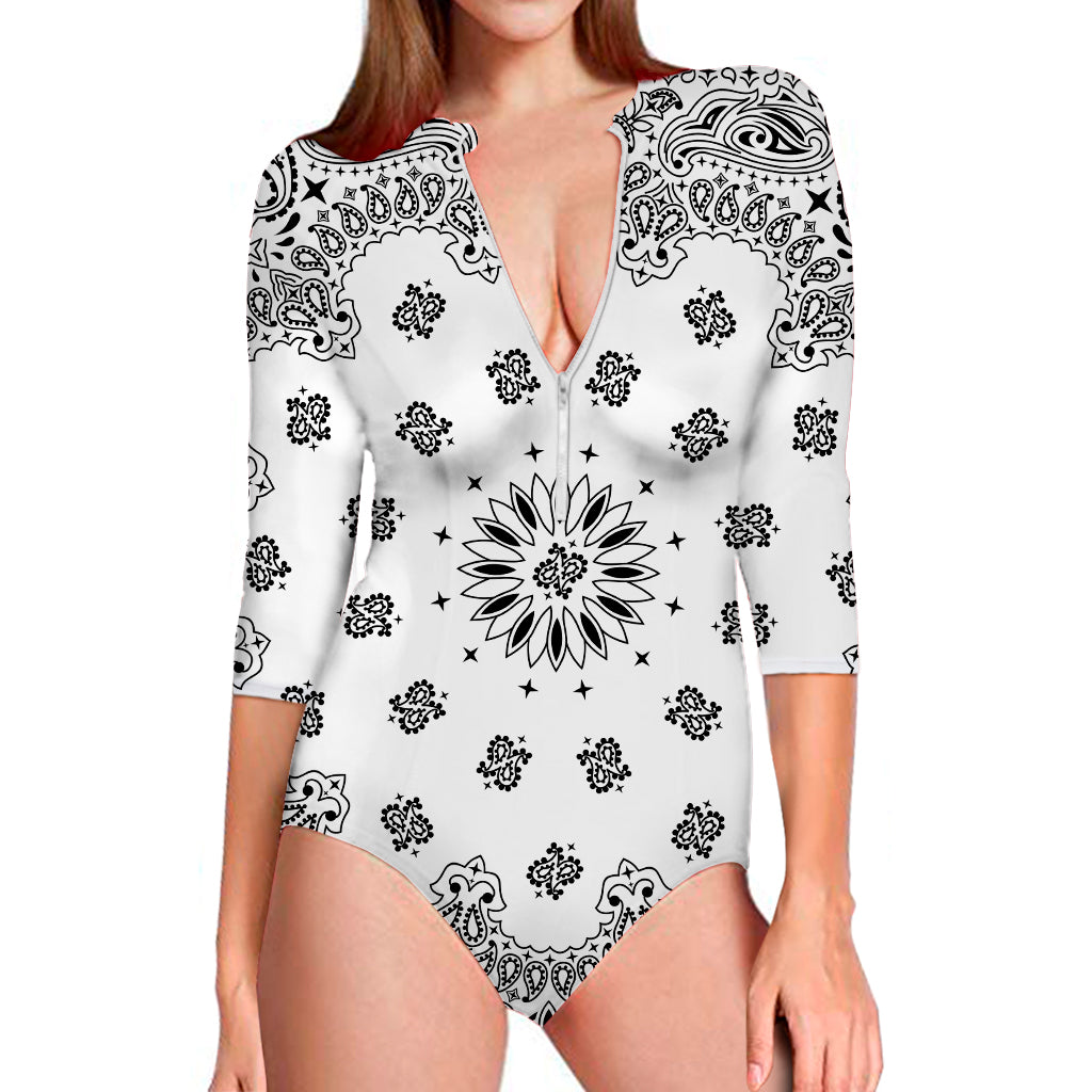 White Paisley Bandana Print Long Sleeve Swimsuit