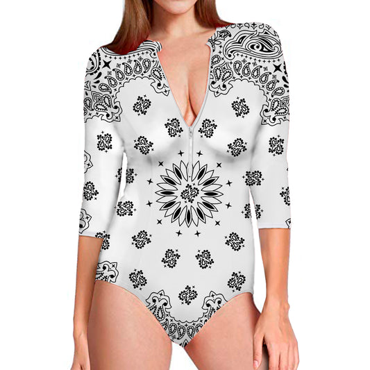 White Paisley Bandana Print Long Sleeve Swimsuit