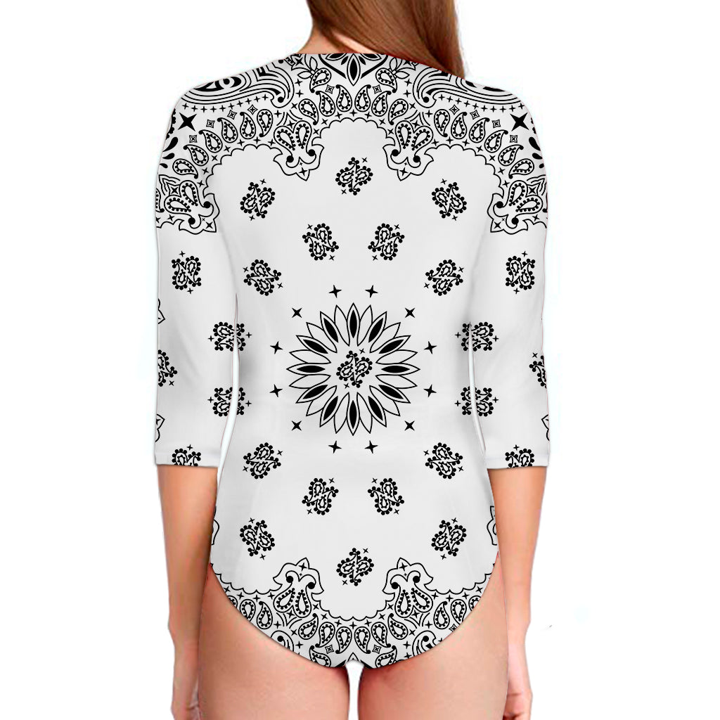 White Paisley Bandana Print Long Sleeve Swimsuit