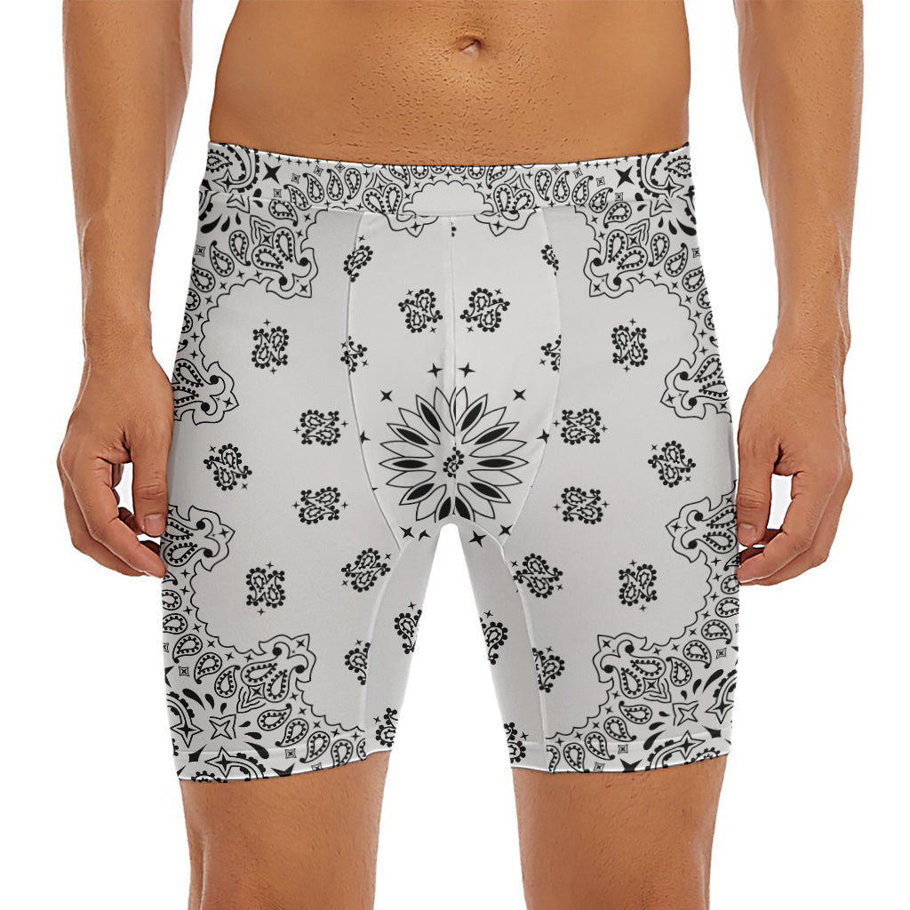 White Paisley Bandana Print Men's Long Boxer Briefs