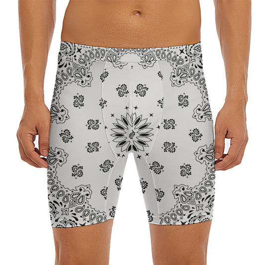 White Paisley Bandana Print Men's Long Boxer Briefs