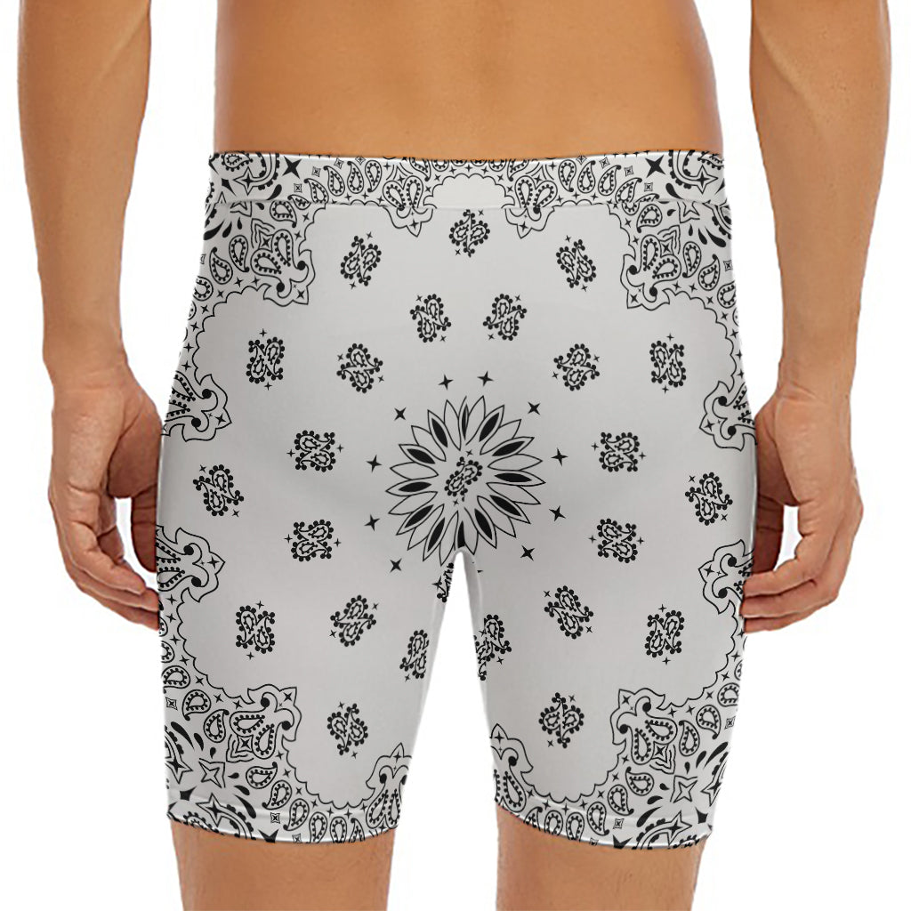 White Paisley Bandana Print Men's Long Boxer Briefs