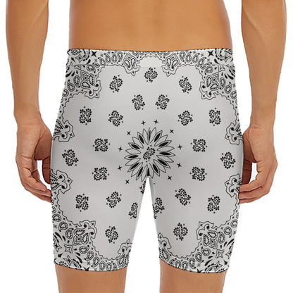 White Paisley Bandana Print Men's Long Boxer Briefs