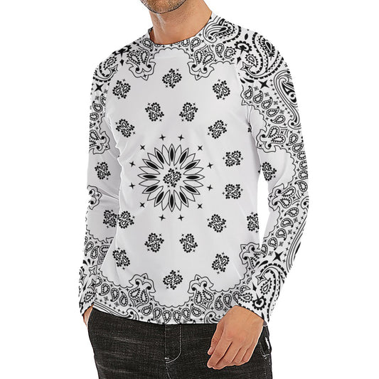 White Paisley Bandana Print Men's Long Sleeve Rash Guard