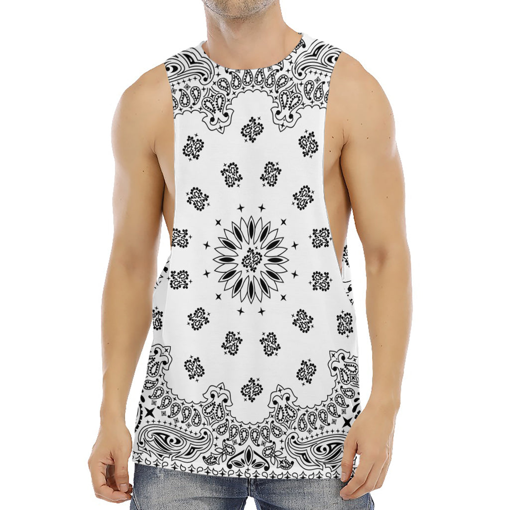 White Paisley Bandana Print Men's Muscle Tank Top