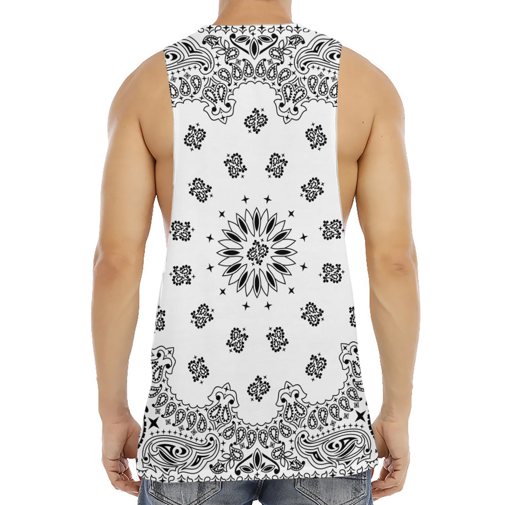 White Paisley Bandana Print Men's Muscle Tank Top