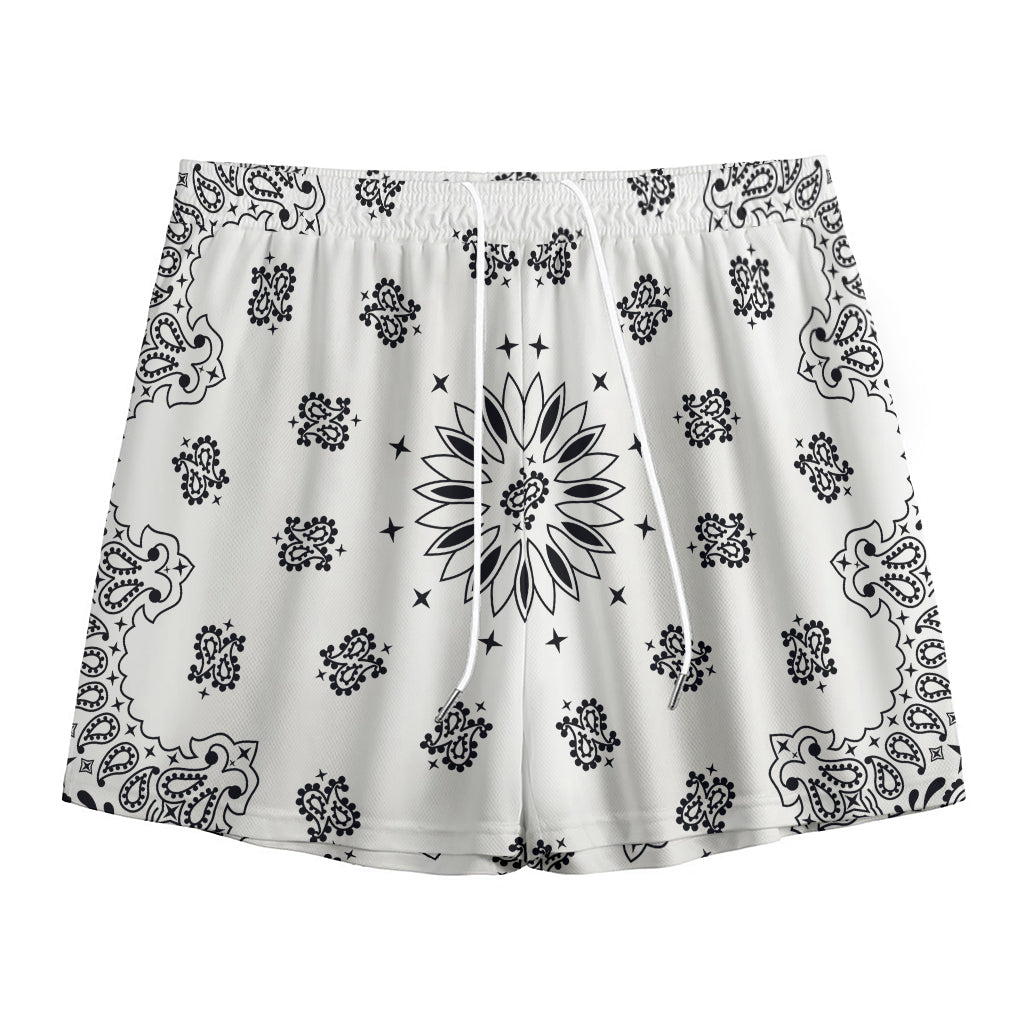 White Paisley Bandana Print Mesh Shorts