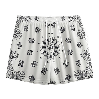 White Paisley Bandana Print Mesh Shorts
