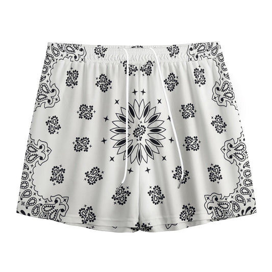 White Paisley Bandana Print Mesh Shorts